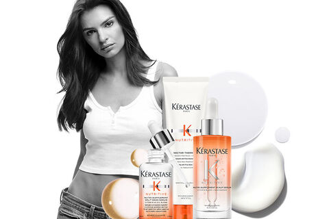 Emily Ratajkowski, egerie da Kerastase – banner apresentando alguns novos produtos Nutritive.