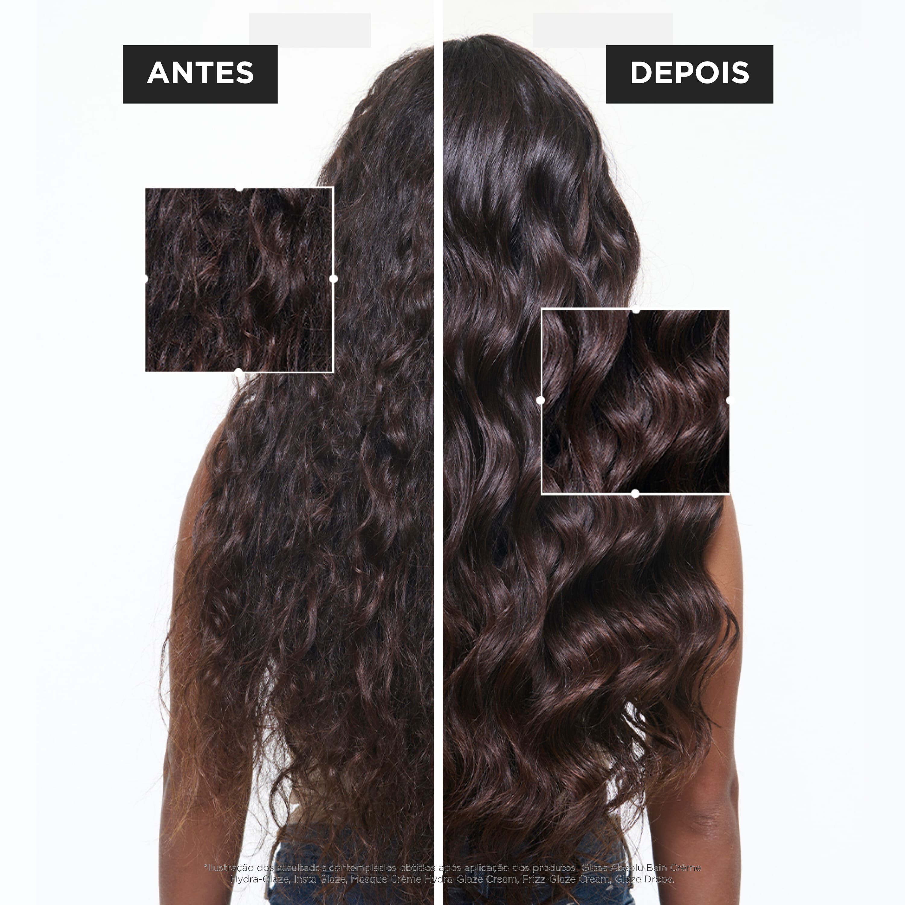 Antes e depois do uso do creme finalizador e leave-in antifrizz Kerastase Gloss Absolu Frizz Glaze Cream