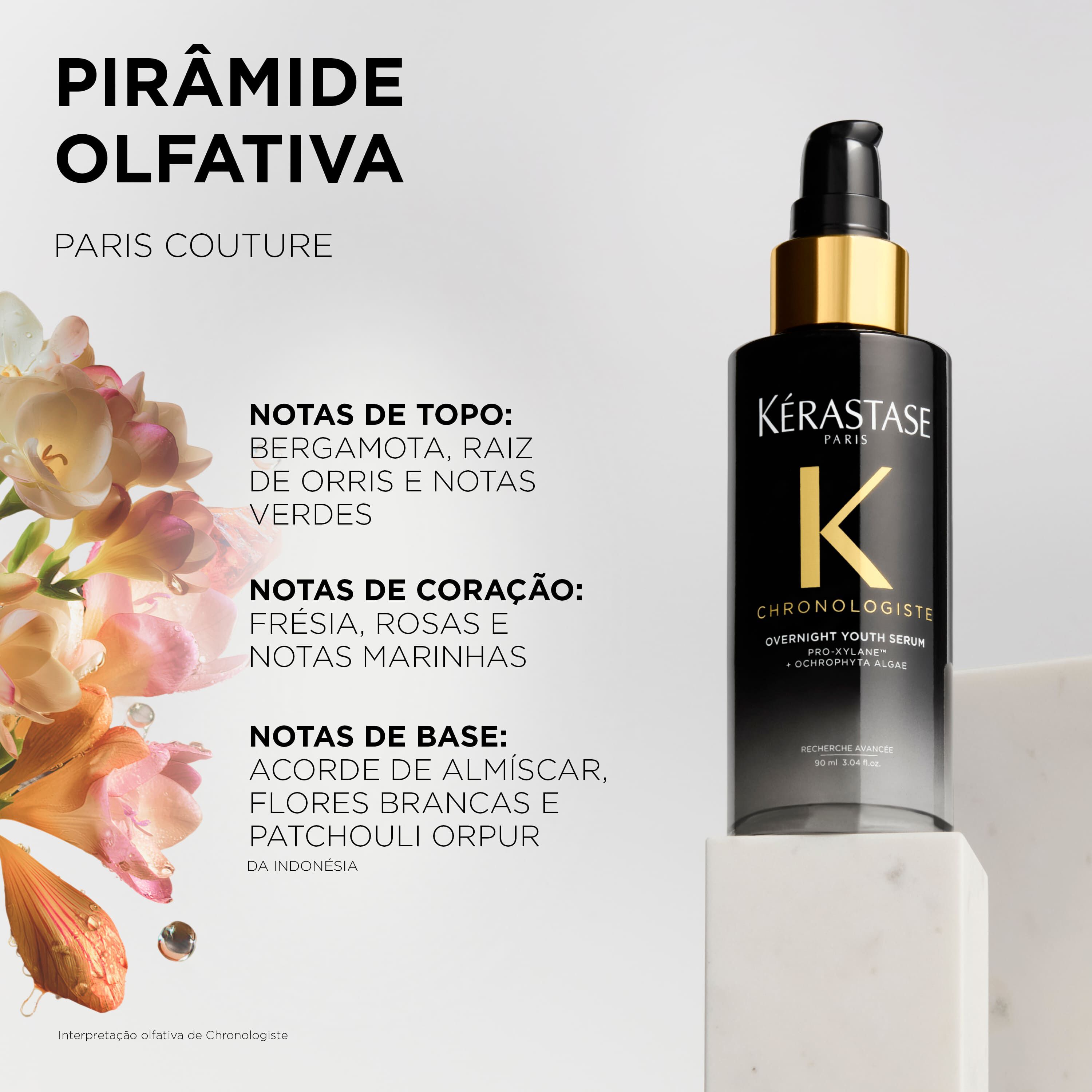 Serum noturno Kerastase Chronologiste Overnight Youth piramide olfativa perfume Chronologiste para regeneracao capilar