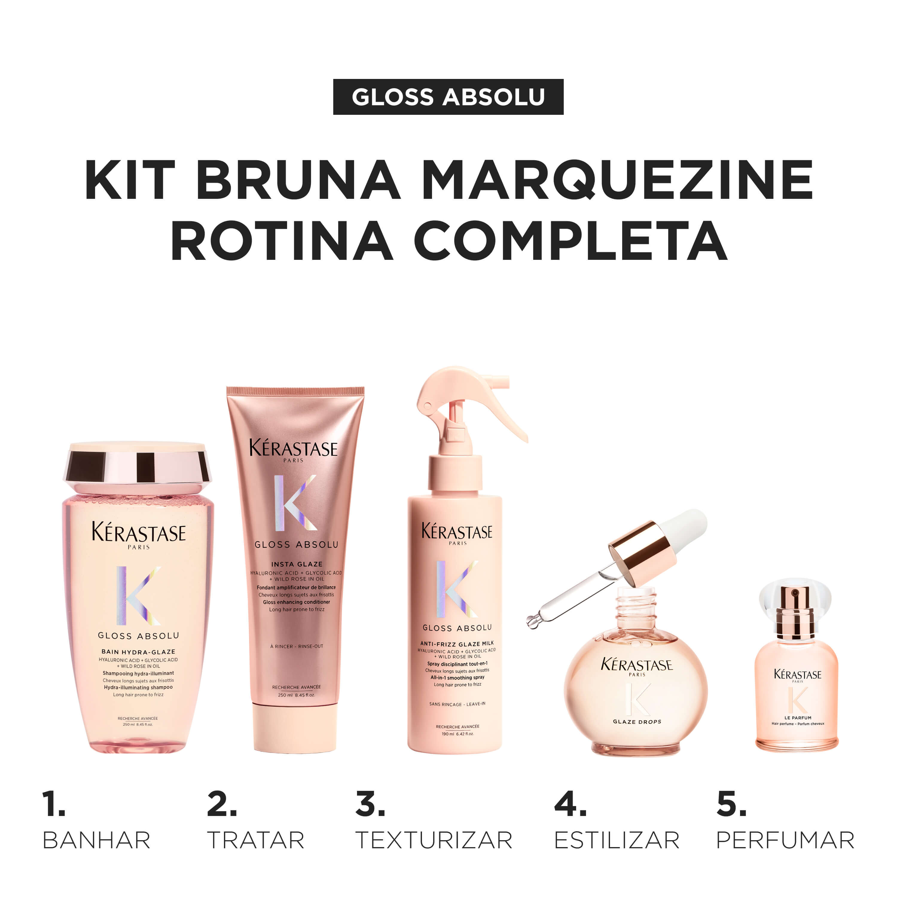 Kit Bruna Marquezine de tratamento para cabelos com frizz e sem brilho Gloss Absolu rotina completa