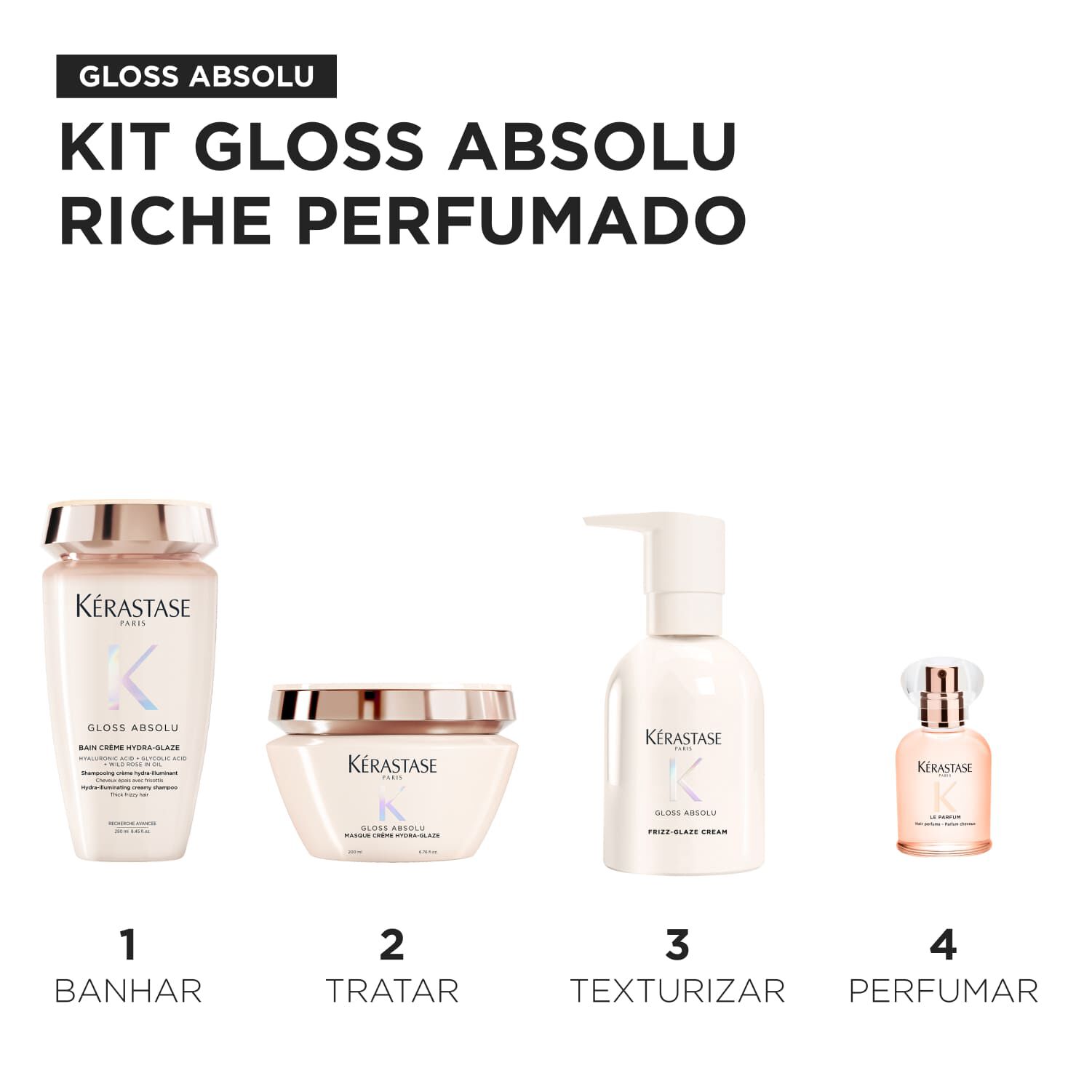 Kit Kerastase Gloss Absolu Riche Perfumado com shampoo, mascara, leave-in e perfume para cabelo