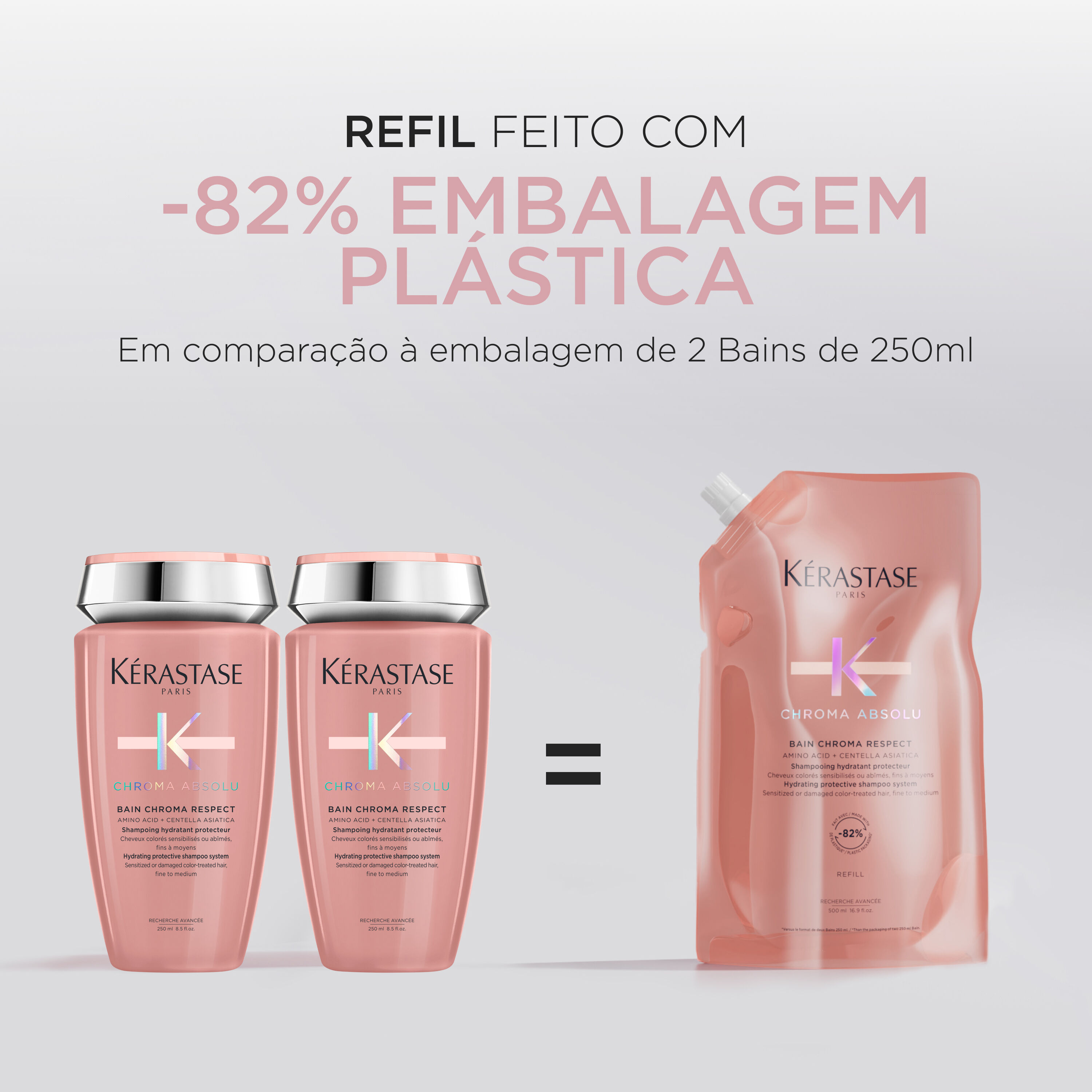 Refil do shampoo Kerastase Chroma Absolu Bain Chroma Respect com 95% do plastico reciclado