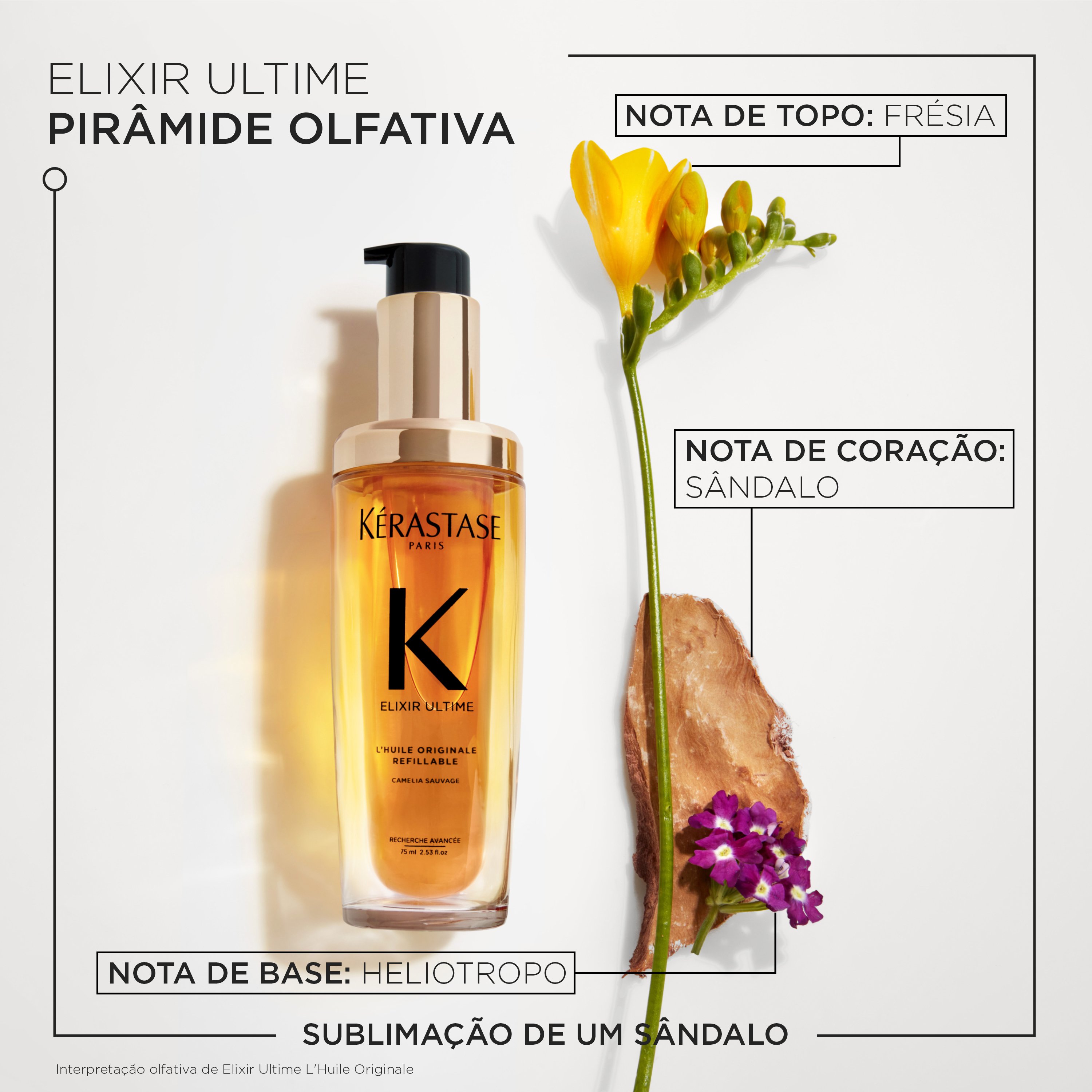 Óleo Capilar Kérastase Elixir Ultime Óleo L'Huile Originale com notas de Frésia, Sândalo e
Heliotropo Óleo Capilar Kérastase Elixir Ultime Óleo L'Huile Originale notas fragrância