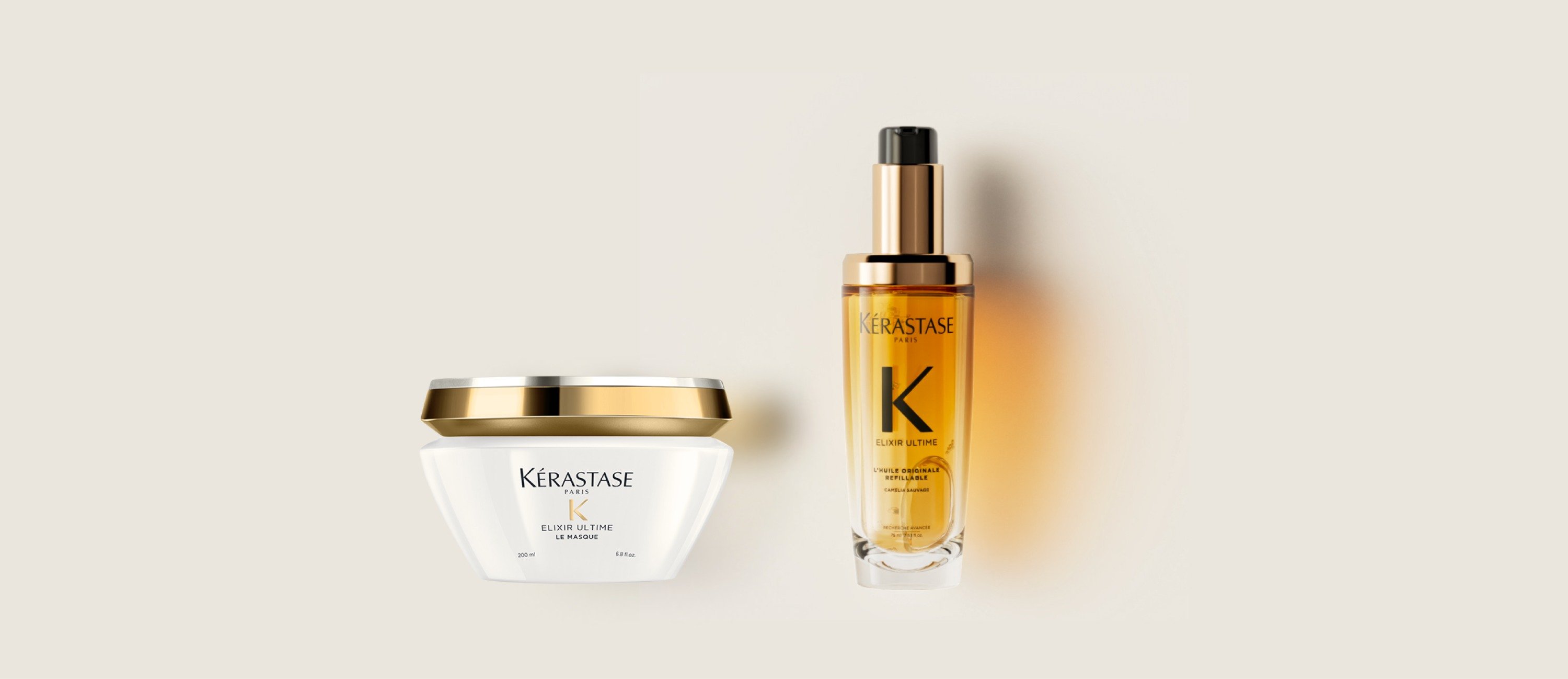 Óleo capilar Elixir Ultime com Refil e Máscara Elixir Ultime A máscara capilar Elixir Ultime e o novo óleo capilar com refil Elixir Ultime são exibidos em um fundo bege puro.